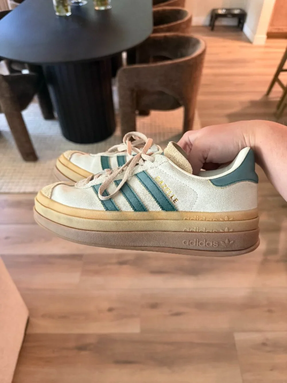 Adidas Gazelle Bold Platform Sneakers Cream Green Suede Womens Size 8